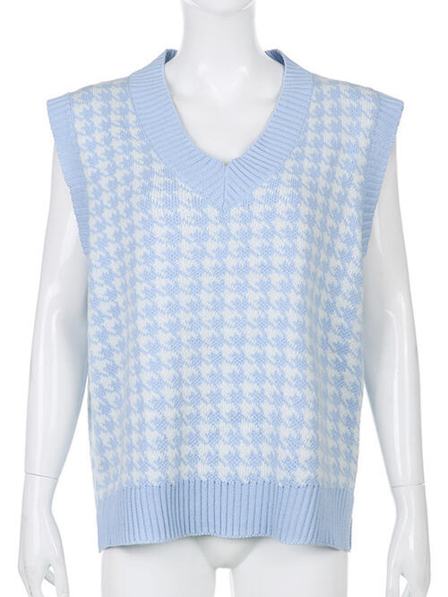 Houndstooth V-Neck Sweater Vet-Teresa&#39;s Fashionista LLC