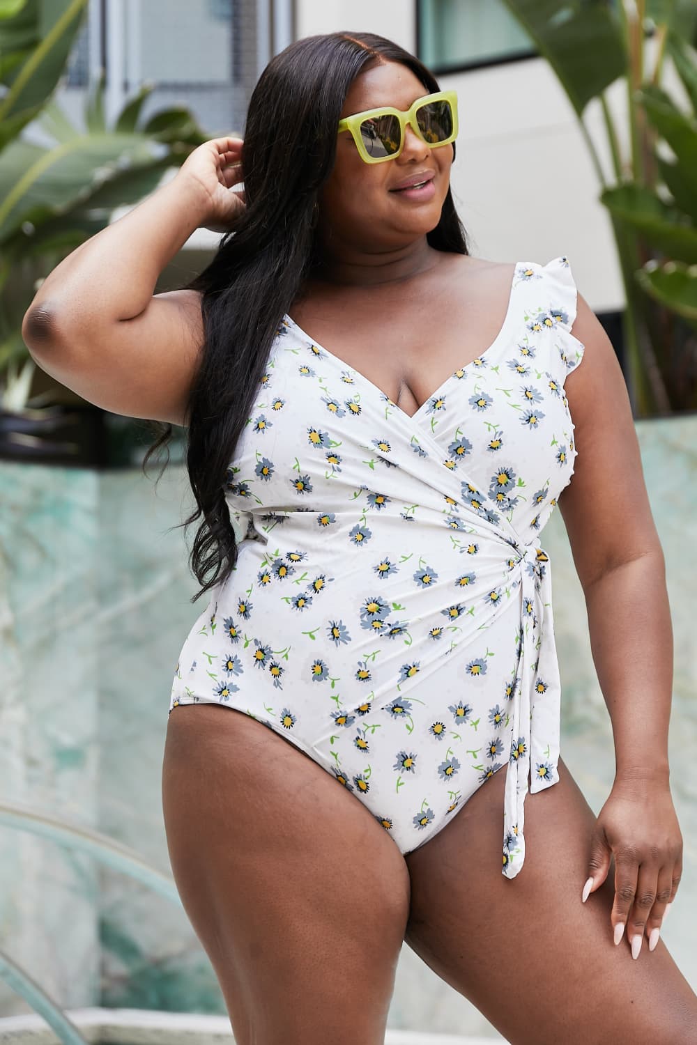 Marina West Swim Float On Ruffle Faux Wrap One-Piece in Daisy Cream-Teresa's Fashionista LLC
