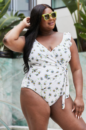 Marina West Swim Float On Ruffle Faux Wrap One-Piece in Daisy Cream-Teresa's Fashionista LLC
