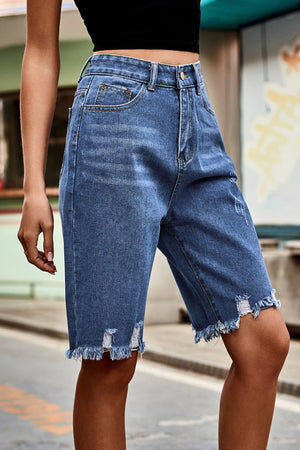 Raw Hem High Waist Denim Shorts with Pockets-Teresa's Fashionista LLC