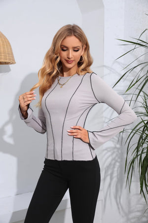 Ribbed Round Neck Long Sleeve Blouse-Teresa's Fashionista LLC