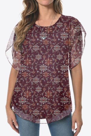 Printed Round Neck Curved Hem Blouse-Teresa's Fashionista LLC