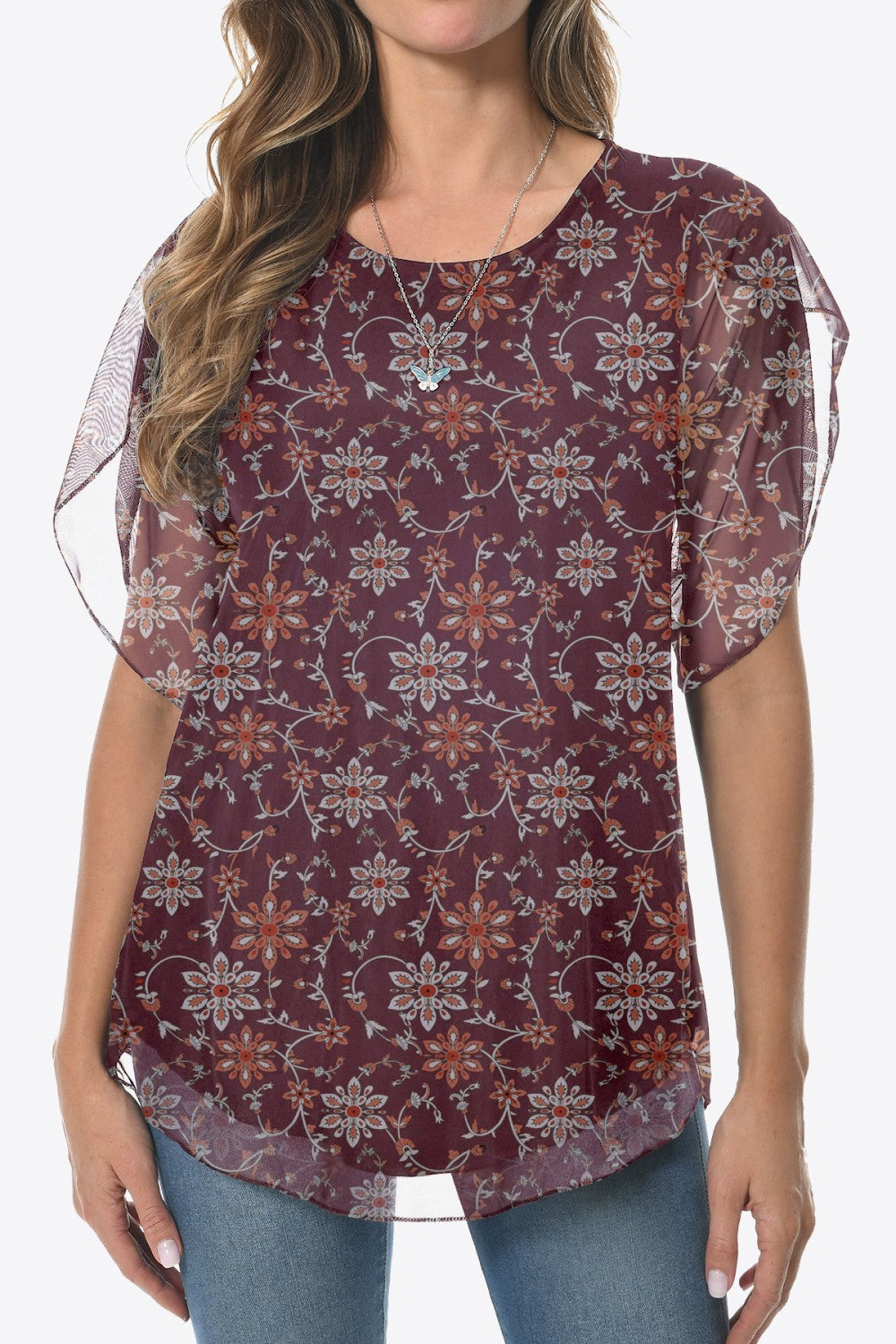 Printed Round Neck Curved Hem Blouse-Teresa&#39;s Fashionista LLC