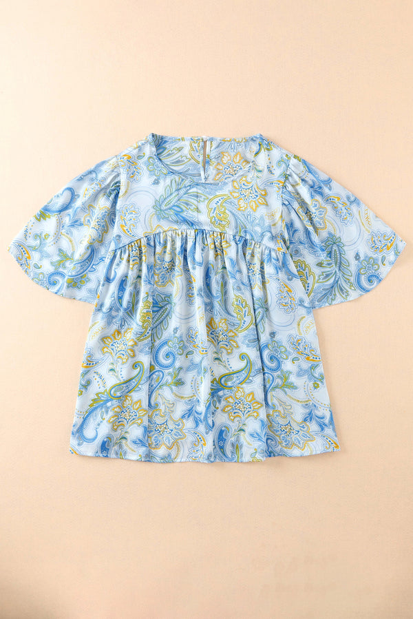 Printed Round Neck Short Sleeve Blouse-Teresa's Fashionista LLC