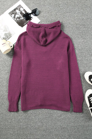 Horizontal Ribbing Fringe Trim Hooded Sweater-Teresa's Fashionista LLC