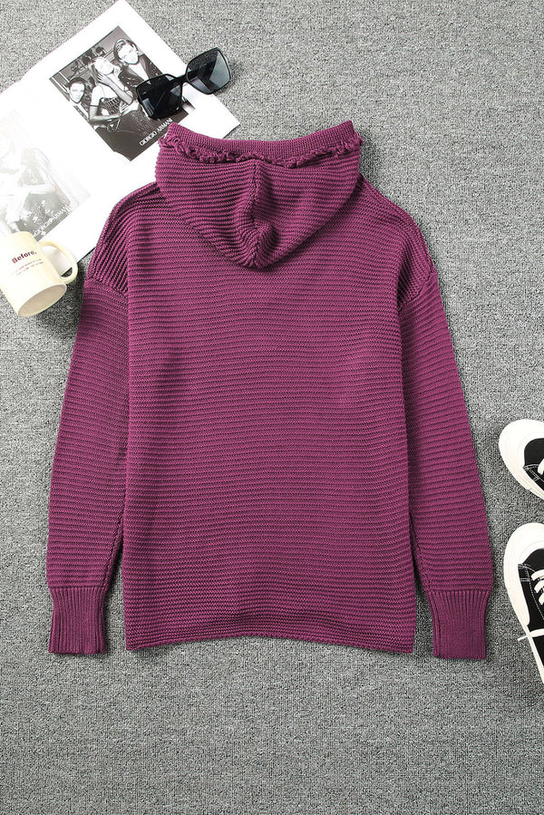 Horizontal Ribbing Fringe Trim Hooded Sweater-Teresa's Fashionista LLC