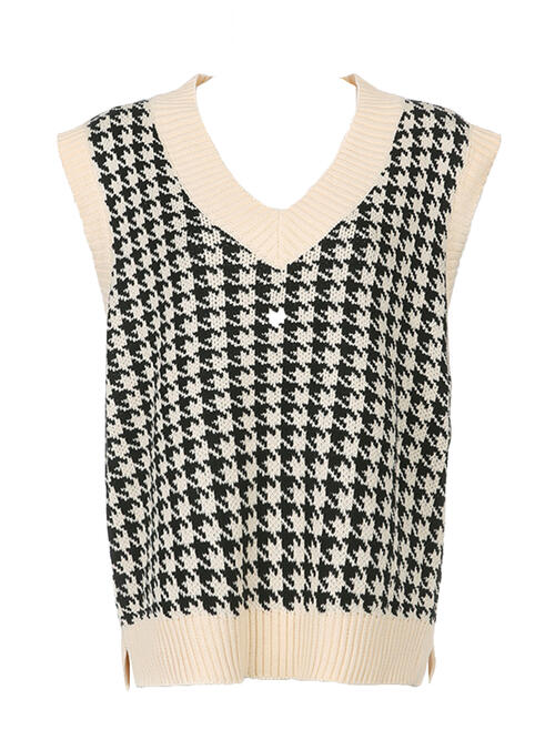 Houndstooth V-Neck Sweater Vet-Teresa&#39;s Fashionista LLC