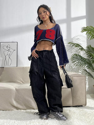 Contrast Patches Long Sleeve Cropped Knit Top-Teresa's Fashionista LLC