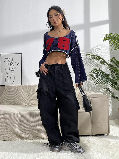 Contrast Patches Long Sleeve Cropped Knit Top-Teresa's Fashionista LLC
