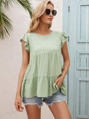 Round Neck Flutter Sleeve Tiered Blouse-Teresa's Fashionista LLC
