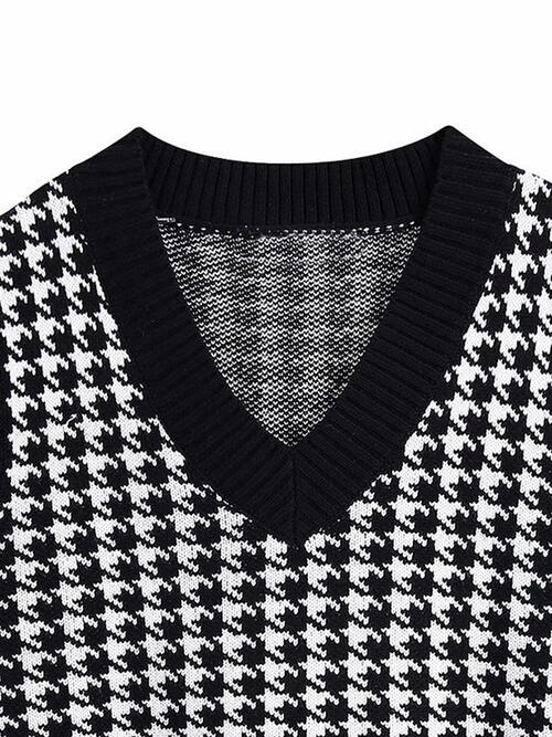 Houndstooth V-Neck Sweater Vet-Teresa&#39;s Fashionista LLC