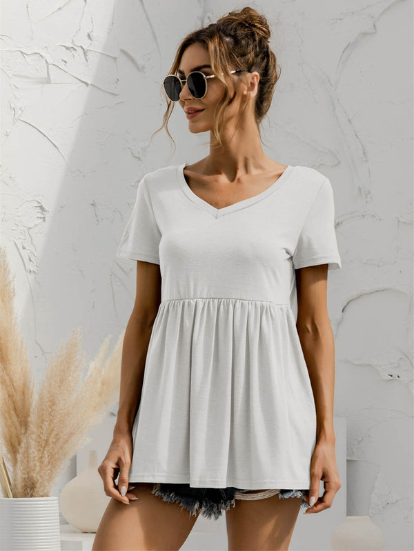 V-Neck Short Sleeve Babydoll Top-Teresa's Fashionista LLC