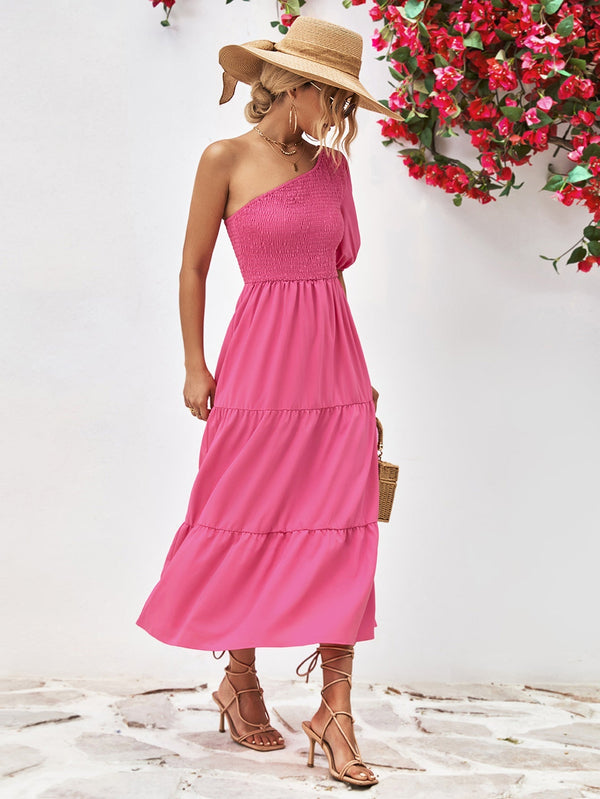 Smocked One-Shoulder Midi Dress-Teresa's Fashionista LLC