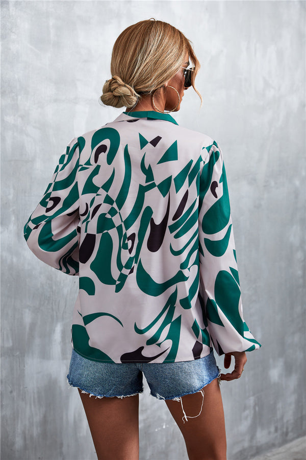 Printed Tie Neck Puff Sleeve Blouse-Teresa's Fashionista LLC