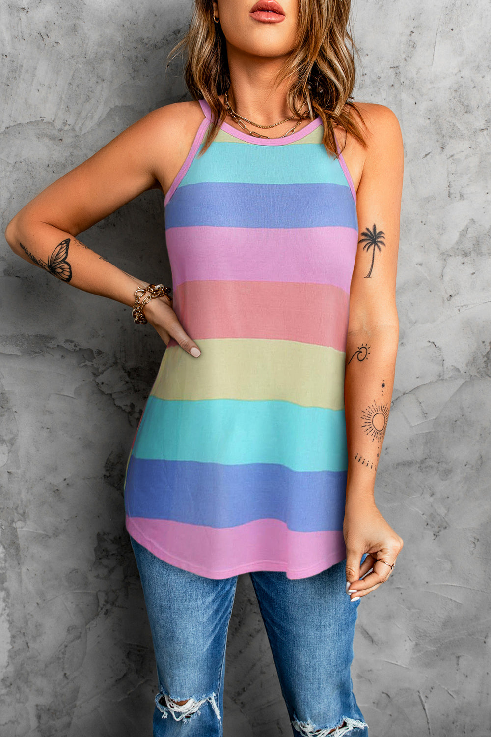 Striped Curved Hem Tank-Teresa's Fashionista LLC