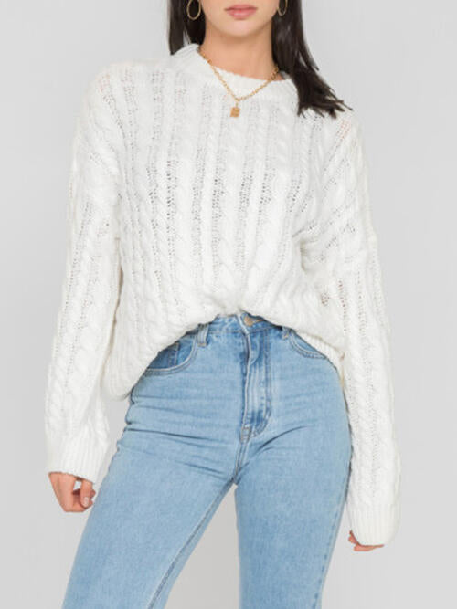 Openwork Round Sleeve Cable-Knit Sweater-Teresa&#39;s Fashionista LLC