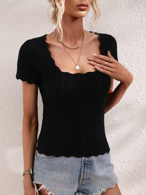 Scalloped Hem Square Neck Knit Top-Teresa's Fashionista LLC