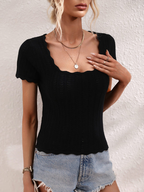 Scalloped Hem Square Neck Knit Top-Teresa's Fashionista LLC