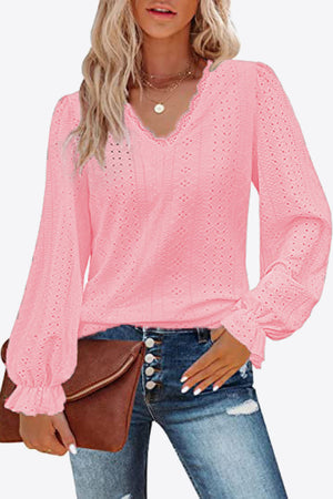 Eyelet V-Neck Flounce Sleeve Blouse-Teresa's Fashionista LLC