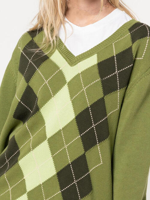 Geometric V-Neck Long Sleeve Sweater-Teresa's Fashionista LLC