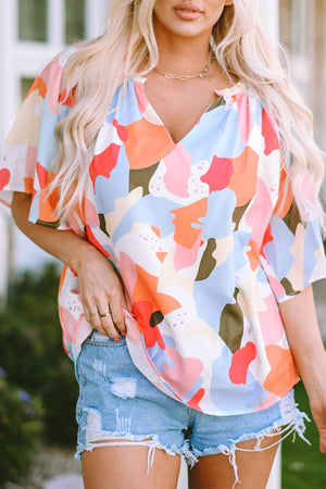 Printed Notched Neck Half Sleeve Blouse-Teresa's Fashionista LLC