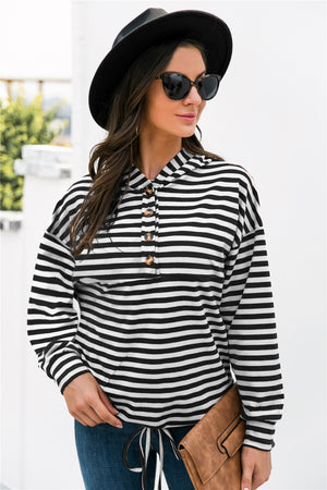 Striped Half-Button Dropped Shoulder Hoodie-Teresa's Fashionista LLC