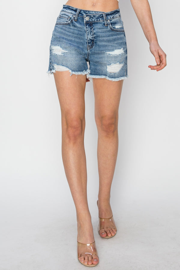 RISEN Stepped Waist Frayed Denim Shorts-Teresa's Fashionista LLC