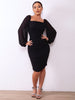 Chic zip-back ruched bodycon dress with long sleeves and square neckline.