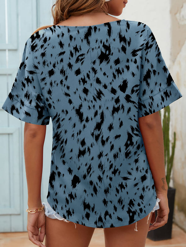 Printed Notched Neck Half Sleeve Blouse-Teresa's Fashionista LLC