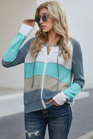 Zip-Up Raglan Sleeve Openwork Hooded Cardigan-Teresa's Fashionista LLC