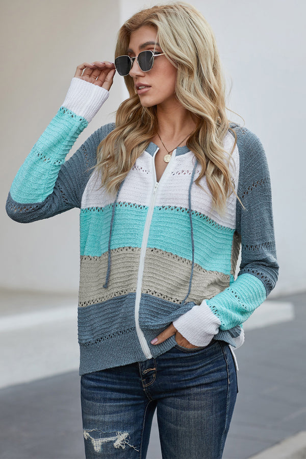 Zip-Up Raglan Sleeve Openwork Hooded Cardigan-Teresa's Fashionista LLC