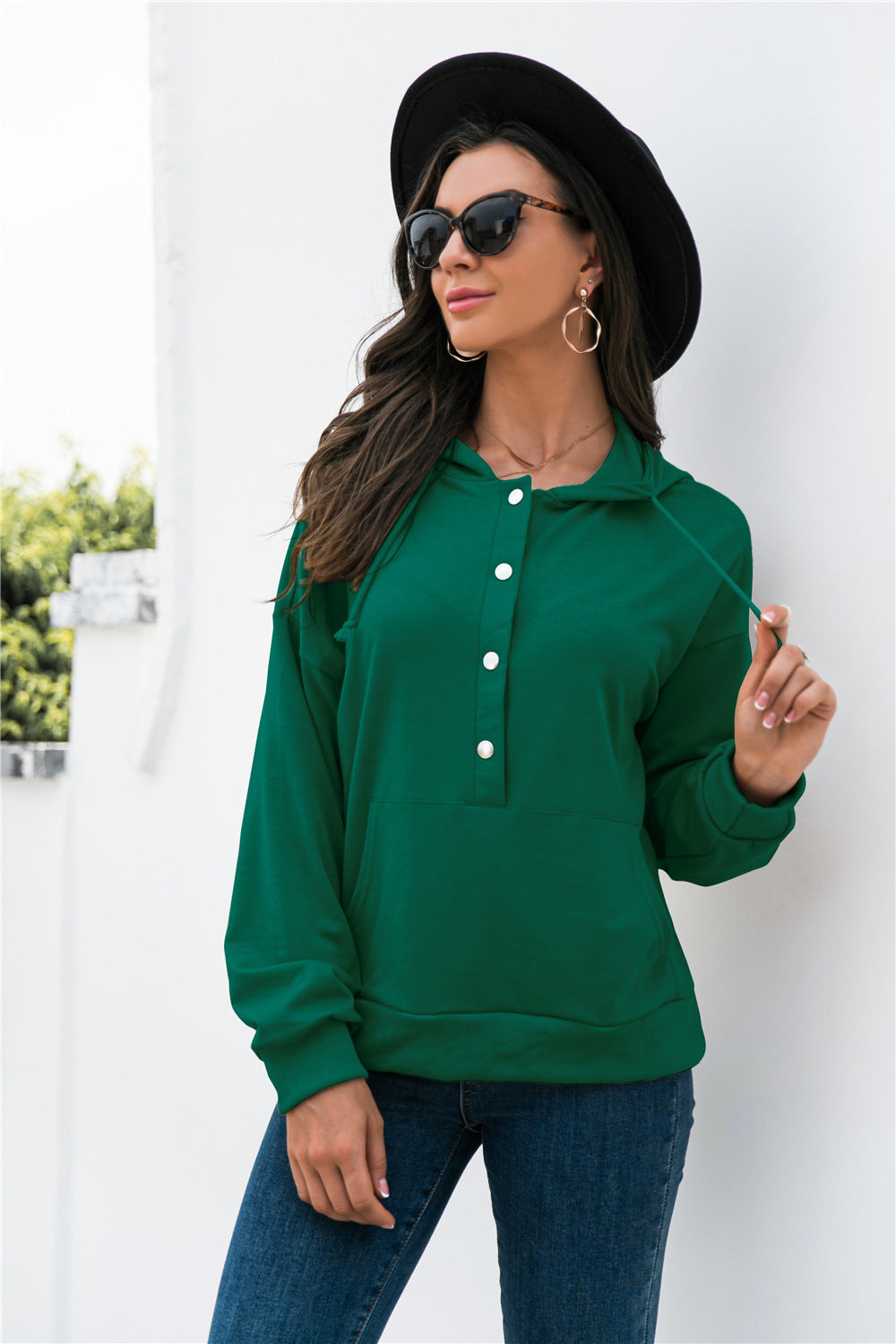 Half-Snap Drawstring Hoodie with Kangaroo Pocket-Teresa's Fashionista LLC