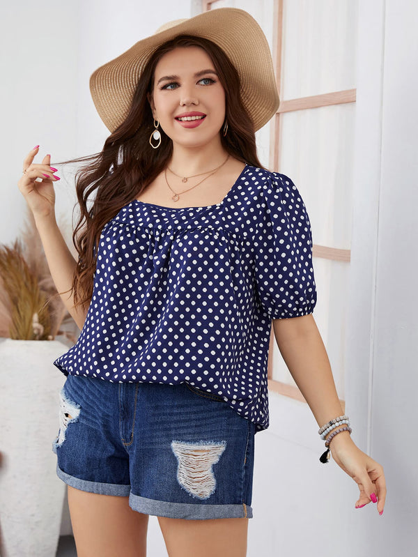 Plus Size Polka Dot Square Neck Blouse-Teresa's Fashionista LLC