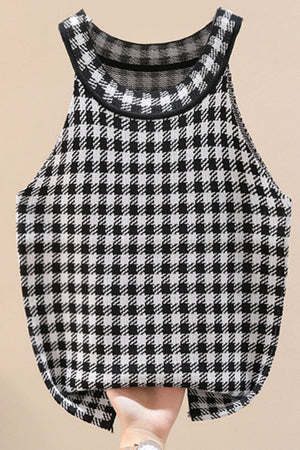 Plaid Round Neck Sleeveless Knit Top-Teresa's Fashionista LLC