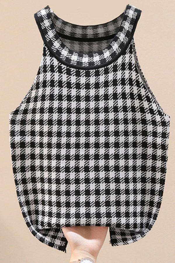 Plaid Round Neck Sleeveless Knit Top-Teresa's Fashionista LLC