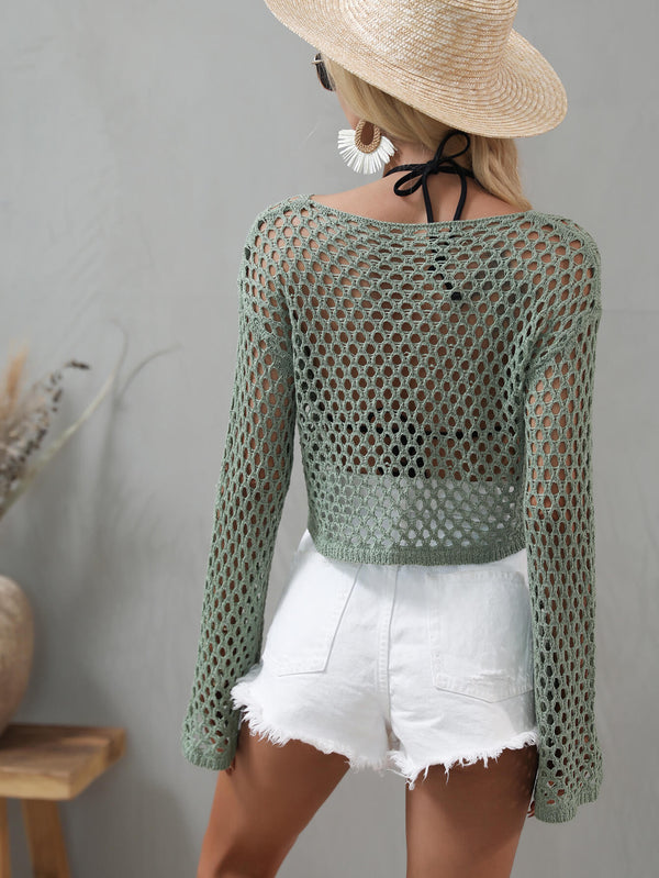 Openwork Flare Sleeve Cropped Cover Up-Teresa's Fashionista LLC