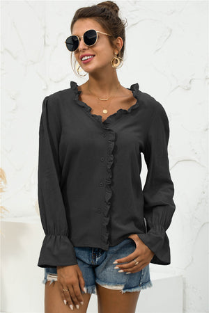 Frill Trim V-Neck Flounce Sleeve Shirt-Teresa's Fashionista LLC