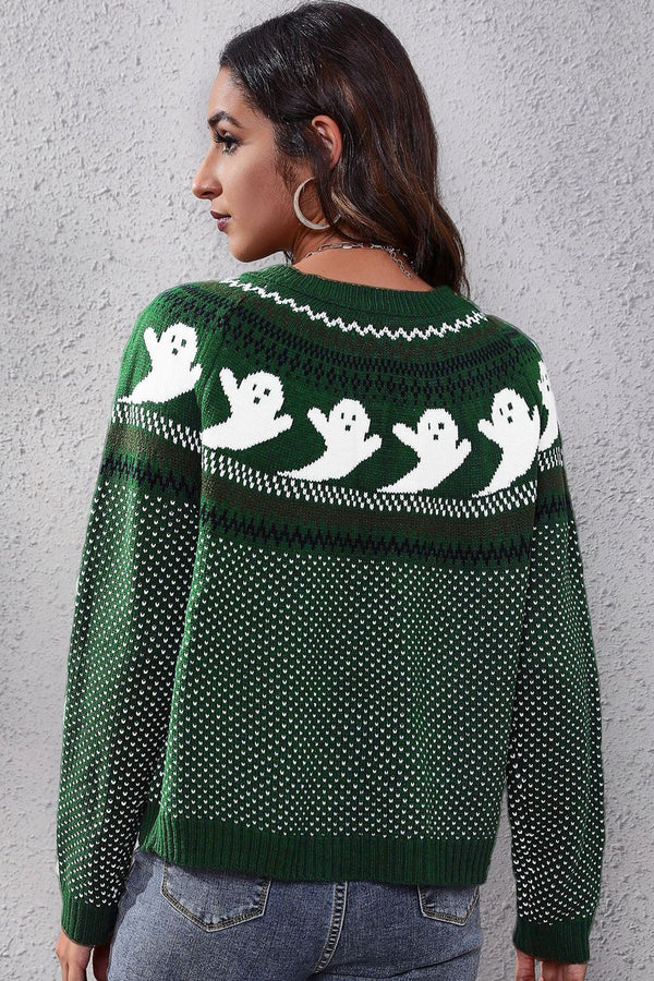 Ghost Pattern Round Neck Long Sleeve Sweater-Teresa's Fashionista LLC