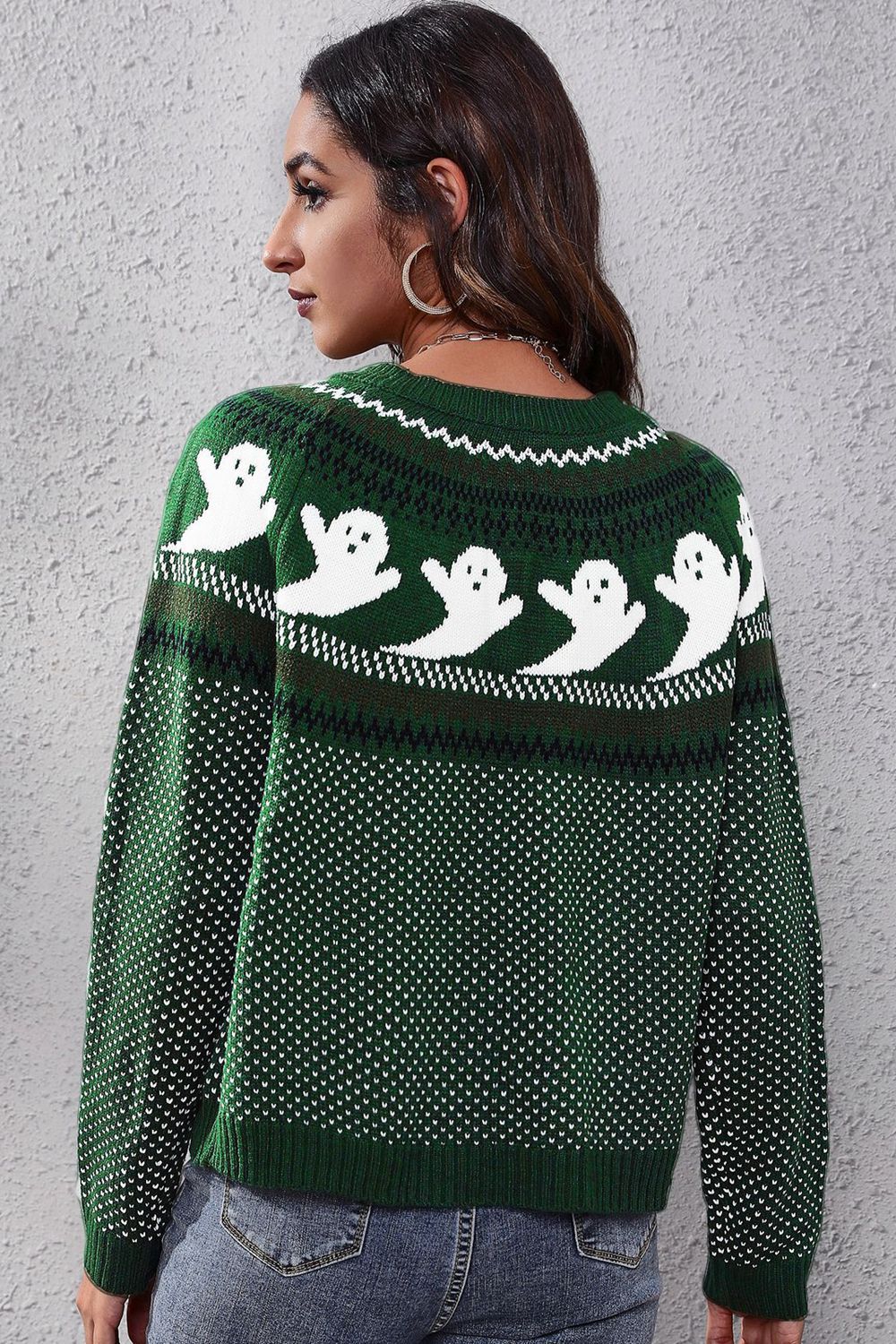 Ghost Pattern Round Neck Long Sleeve Sweater-Teresa&#39;s Fashionista LLC