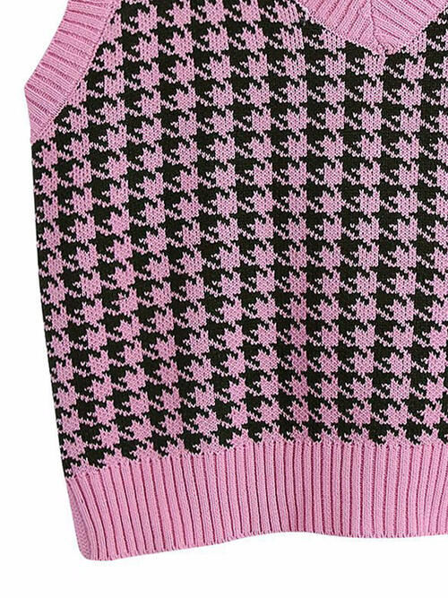Houndstooth V-Neck Sweater Vet-Teresa&#39;s Fashionista LLC