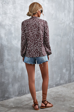 Printed Tie Neck Puff Sleeve Blouse-Teresa's Fashionista LLC