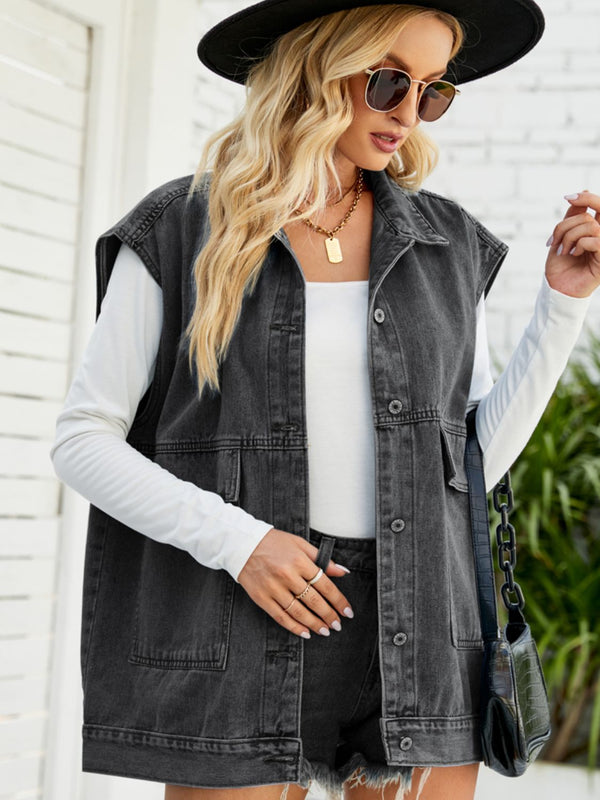 Collared Neck Sleeveless Denim Top with Pockets-Teresa's Fashionista LLC