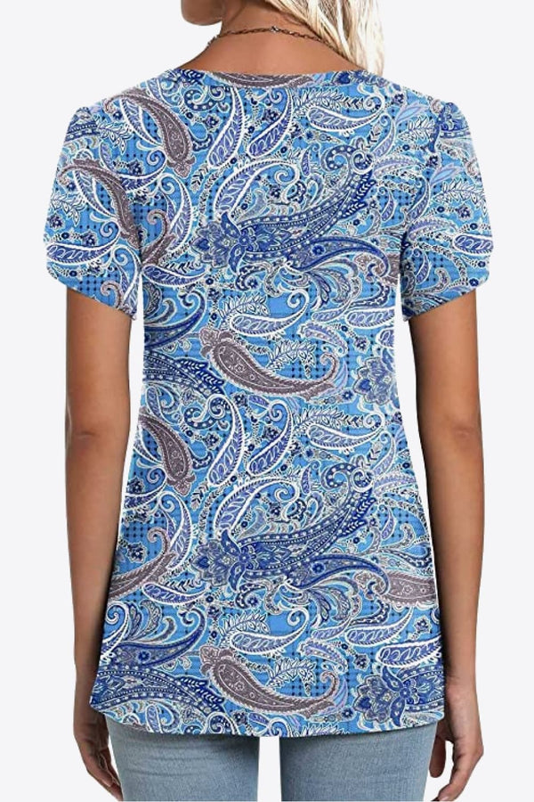 Printed Petal Sleeve V-Neck Blouse-Teresa's Fashionista LLC