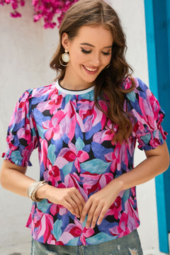 Floral Round Neck Puff Sleeve Top-Teresa's Fashionista LLC