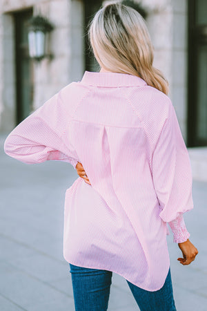 Striped Lantern Sleeve Collared Shirt-Teresa's Fashionista LLC