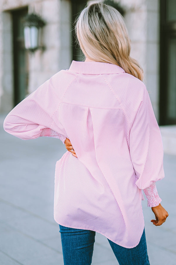Striped Lantern Sleeve Collared Shirt-Teresa's Fashionista LLC