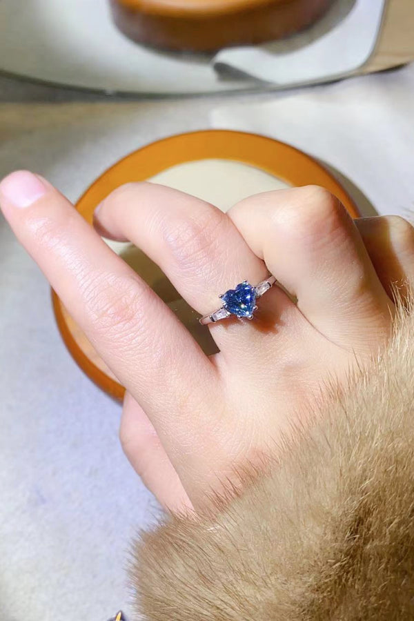 1 Carat Moissanite Heart-Shaped Platinum-Plated Ring in Blue-Teresa's Fashionista LLC