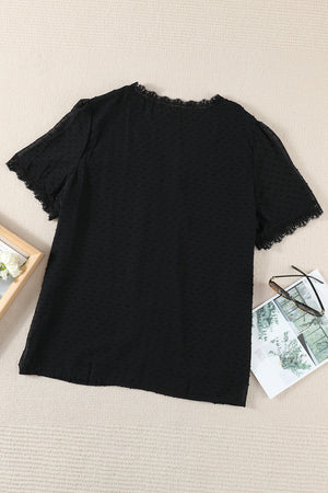 Plus Size Swiss Dot Spliced Lace V-Neck Blouse-Teresa's Fashionista LLC