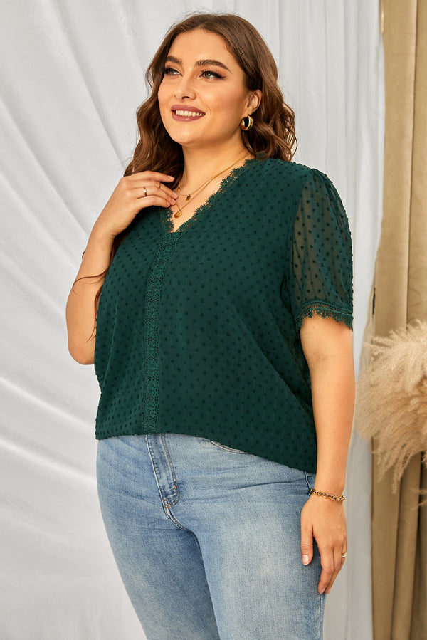 Plus Size Swiss Dot Spliced Lace V-Neck Blouse-Teresa's Fashionista LLC