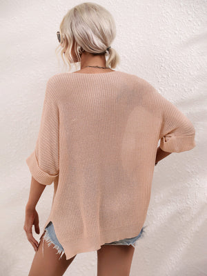 Boat Neck Cuffed Sleeve Slit Tunic Knit Top-Teresa's Fashionista LLC